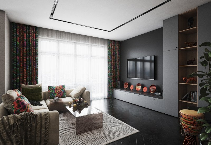 A living room featuring a black and white color scheme with stylish carpets in Westchester County