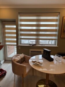 Corner Desk Setup with Zebra Blinds on Two Windows in Westchester County
