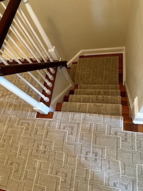 Staircase With Beige Patterned Carpet by Redi-Cut Carpets & Window Treatments