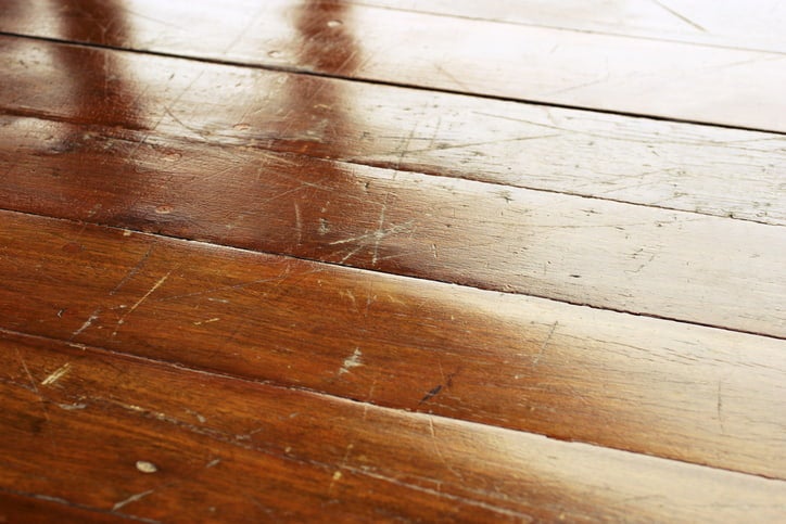 Scratches and scuffs are visible on a worn hardwood floor surface in Westchester County, NY